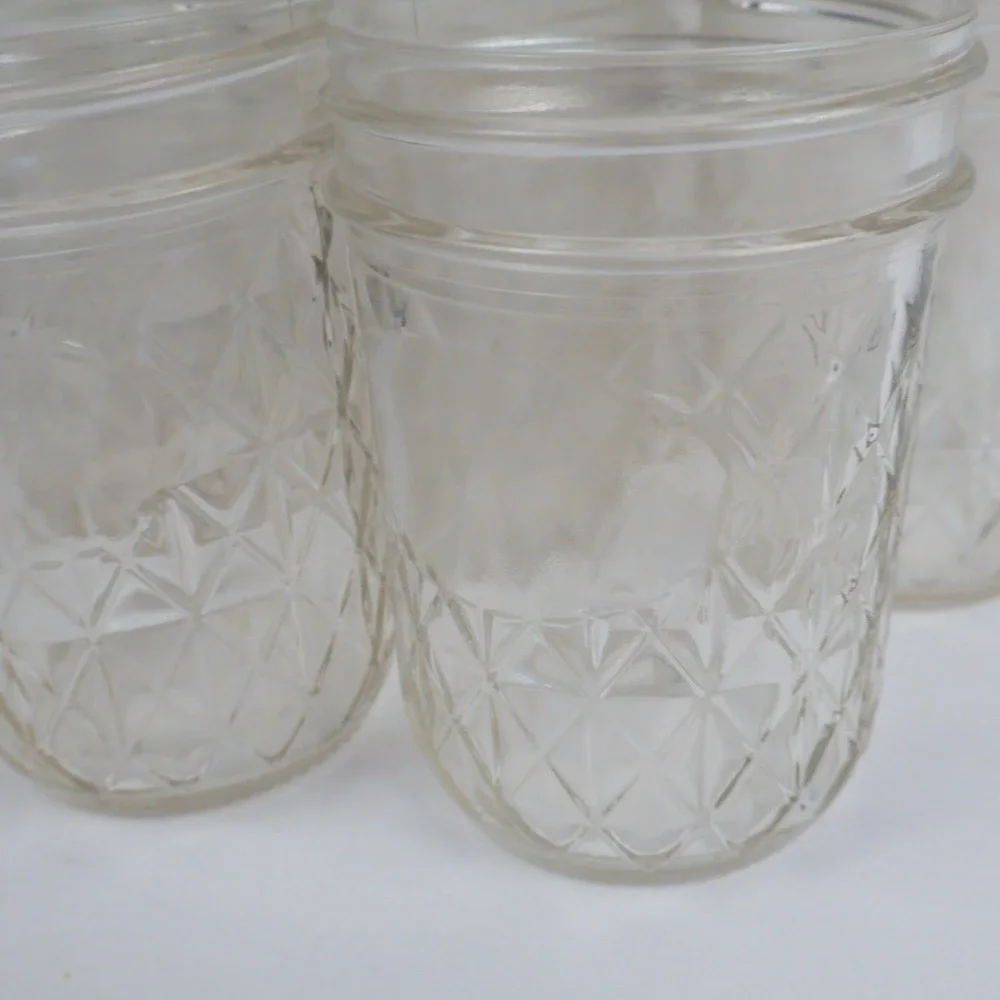 9 VTG Quilted Crystal Glass Jelly Jars Jam Canning Mason Homemakers 8 oz